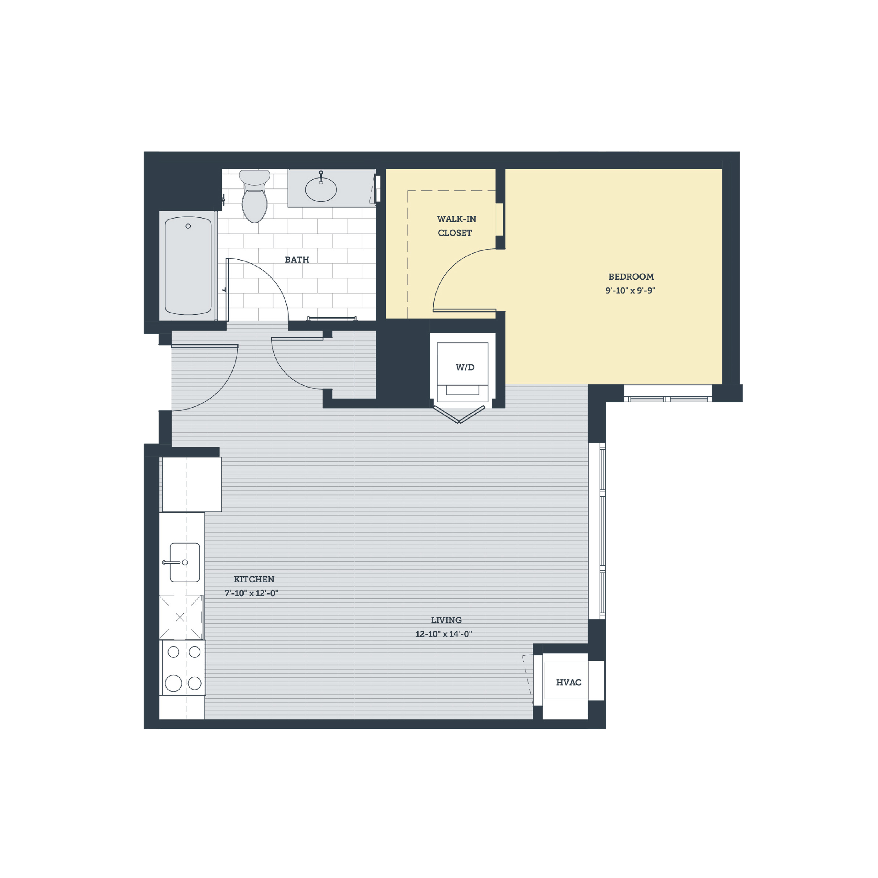 Floor plan for studio, 1 bath, 585 sqft